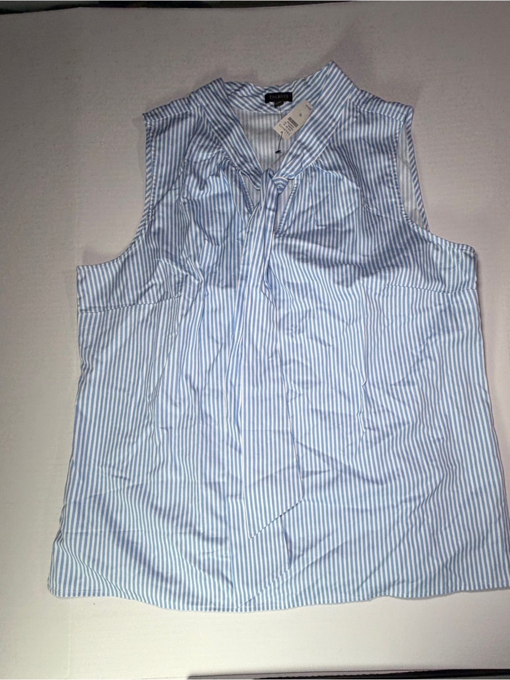 Talbots Light Blue and White Striped Tie-Neck Sleeveless Blouse